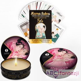 Karty z pozycjami KamaSutra i świeca do masażu Aphrodisia Rose Petals 30ml Shunga Temptation
