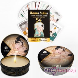 Karty z pozycjami KamaSutra i świeca do masażu Desire Wanilia 30ml Shunga Temptation