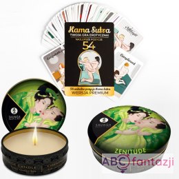 Karty z pozycjami KamaSutra i świeca do masażu Zenitude Exotic Green Tea 30ml Shunga Temptation