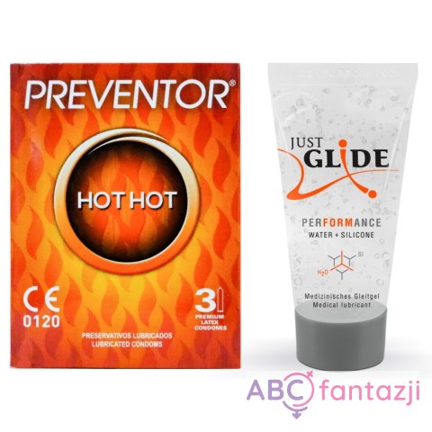 Prezerwatywy Hot Hot 3szt. Preventor i lubrykant Just Glide Performance 20ml