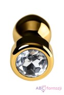 Gold anal plug TOYFA Metal with white round-shaped gem , length 7 cm, diameter 2-3,5 cm, weight 140 gr Toyfa