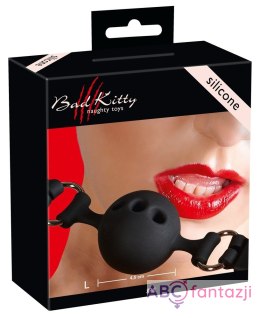Czarny silikonowy knebel BDSM kula śr. 4,5cm regulowany pasek Bad Kitty